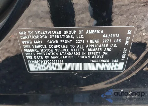 2012 Volkswagen Passat 2.5L Se z USA, uszkodzony, nr VIN 1VWBP7A32CC077832